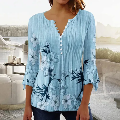 Miniatura 31 de Ceboyel Blusa tipo túnica con estampado floral para mujer, con botones, estilo Henley, con manga de codo, casual, trajes de moda para mujer