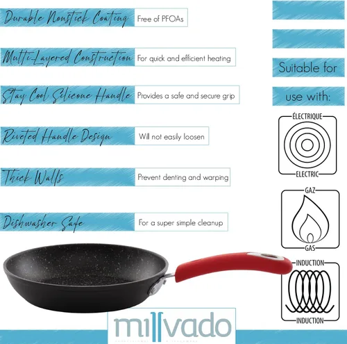 Miniatura 3 de Millvado Sartén antiadherente, sartén pequeña de 8 pulgadas con revestimiento antiadherente de granito más saludable, sartén para huevos de Rojo