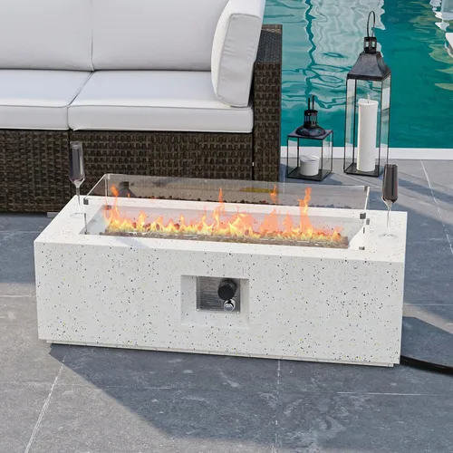 Miniatura 8 de HOMPUS Fogata de propano para exteriores, 40,000 BTU de 28 pulgadas, mesa redonda de hormigón de terrazo blanco con rocas de lava y cubierta