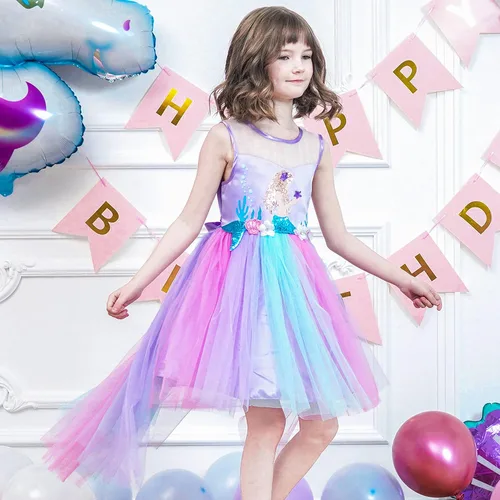 Miniatura 4 de Sunny Fashion Vestido de flores para niñas, unicornio, arco iris, concurso de princesa, fiesta, Arco iris