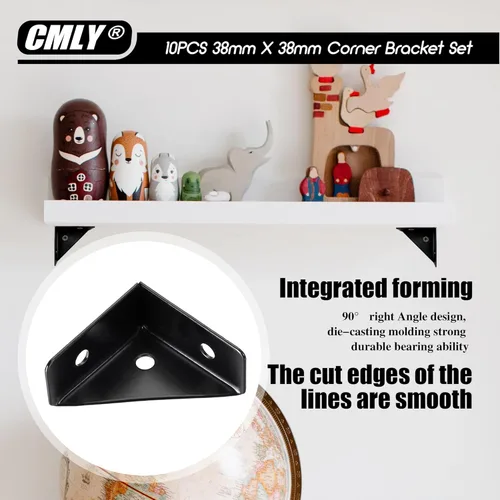 Miniatura 4 de CMLY Soportes de Esquina, 10Pcs 38mm x 38mm, Acero Negro, Soportes de Estante Triangular, Conectores de Esquina para Escritorio de Madera, Metal