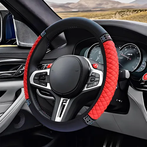 Miniatura 10 de ZIMISI Funda de volante de cuero suave con diamantes brillantes, protector de volante antideslizante de 15" con cristales brillantes para automóvil