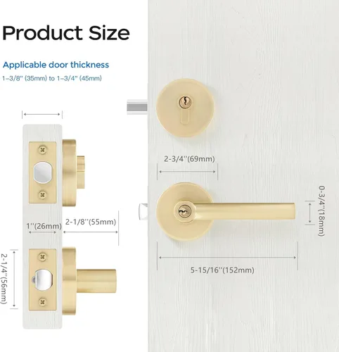 Miniatura 5 de Leydebong Paquete de 1 manija de puerta de entrada resistente dorada (para oficina y puerta delantera) reversible para lado derecho e izquierdo