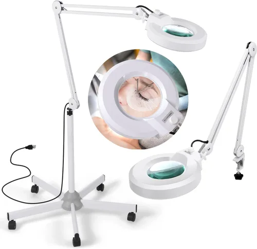 Miniatura 8 de Lámpara de pie con aumento 10X con 5 ruedas base rodante para esteticistas – 2,200 lúmenes LED regulable luz con lupa, lupa iluminada para leer