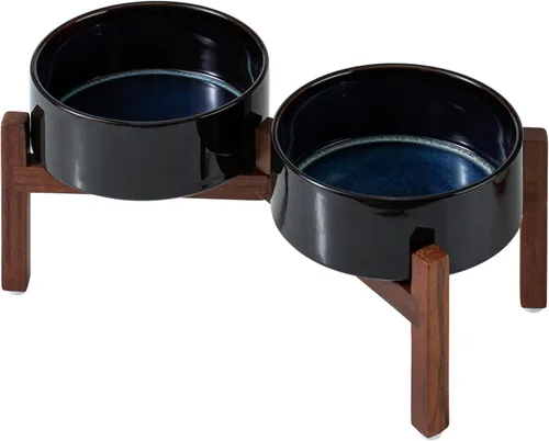 Miniatura 8 de Havniva Cuenco elevado de cerámica para perros de 6.1 pulgadas con soporte antideslizante (madera de acacia), dos opciones de altura, cuenco