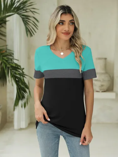 Miniatura 2 de Minetom Camisetas de manga corta con cuello en V para mujer, camisetas casuales de verano