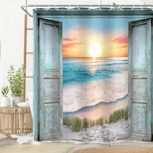 Miniatura 19 de Riyidecor Cortina de ducha para puerta de granero verde azulado para decoración de baño, 36 pulgadas de ancho x 72 pulgadas de alto, paisaje