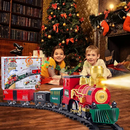 Miniatura 4 de OCHIDO Juego de Tren de Navidad, Juego de Tren Eléctrico con Humo, Luces y Sonido, Juego de Tren de Juguete para Debajo del Árbol de Navidad