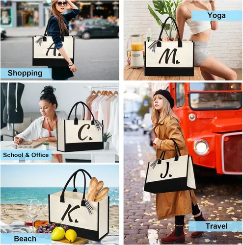 Miniatura 6 de shenee - Bolsa de lona con inicial, bolsa de yute personalizada para la playa, regalo de vacaciones para mujeres, cumpleaños de amigos, boda, año