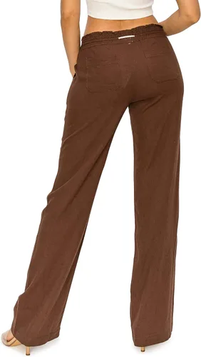 Miniatura 3 de Cali1850 Pantalones casuales de lino para mujer, entrepierna de 32 pulgadas, con cordón y cintura fruncida, pantalones de playa con bolsillos