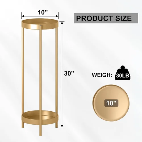 Miniatura 4 de Soporte alto de metal dorado para plantas para interiores o exteriores, estante esquinero moderno de 30 pulgadas y 2 niveles con 2 estantes