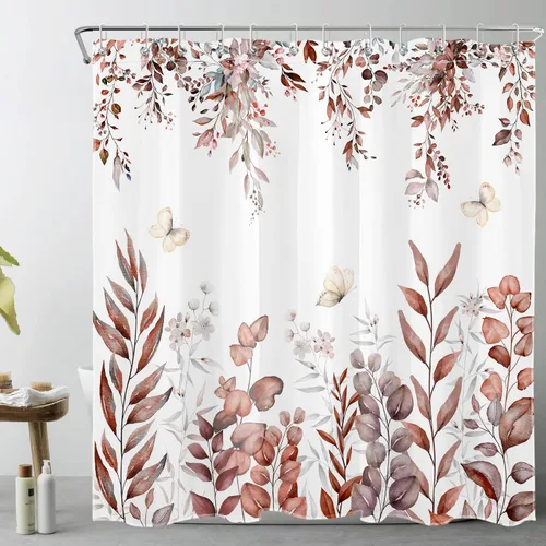 LB Cortina de ducha de hojas de otoño, cortina de baño de hojas de eucalipto y mariposas, cortina de baño de plantas de otoño con gancho, 72 x 72