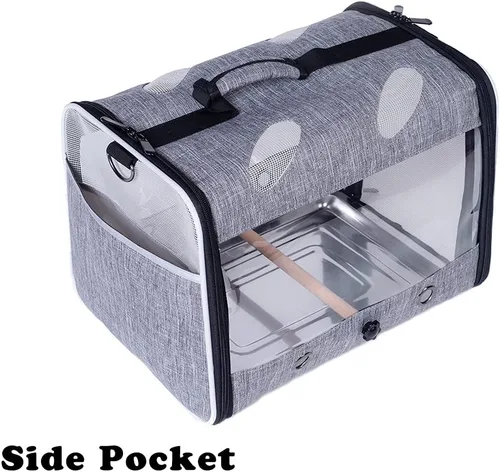Miniatura 4 de Porta pájaros de viaje con soporte y percha, jaula transpirable para loros, portador de pájaros para senderismo, aprobado para aerolíneas Gris