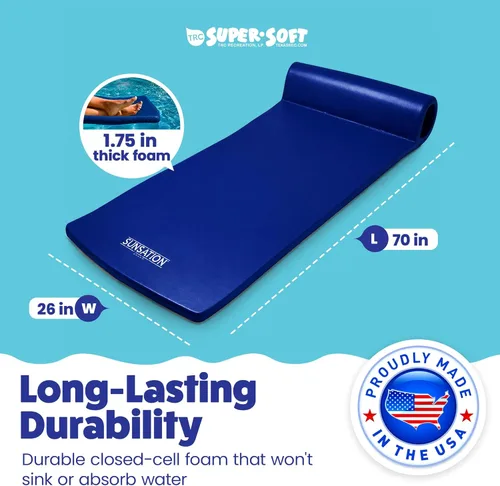 Miniatura 3 de TRC Recreation Sunsation 1.75" Thick Foam Pool Float Lounger w/ Headrest for Lounging & Sunbathing in Swimming Pools, Beaches & Lakes, 70" x 26 Azul