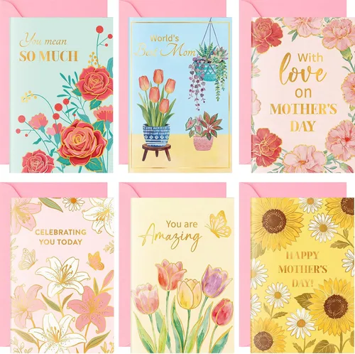Crtiin Juego de 240 tarjetas para el Día de la Madre a granel 2026 tarjetas de felicitación florales para madre con sobres rosados, 6 diseños,