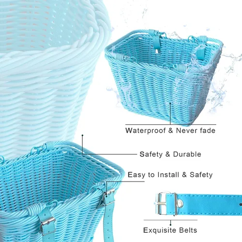 Miniatura 7 de Cesta de bicicleta para niños y niñas, cesta de scooter para niños, bonita cesta cuadrada de mimbre para niños y niñas, manillar desmontable con Azul