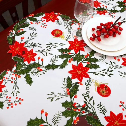 Miniatura 3 de Juego de 4 posavasos bordados para mesa redonda de Pascua de Navidad (Poinsettia B)