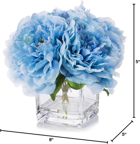 Miniatura 4 de Arreglos florales de peonía de seda en jarrón de cristal con agua sintética para decoración de mesa del hogar, mesa de boda, centro de mesa (azul)