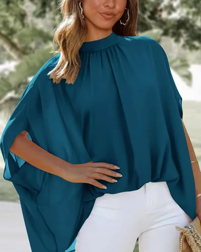 Miniatura 28 de BTFBM Blusas de verano para mujer, cuello alto falso, manga murciélago, holgadas, dobladillo alto y bajo, blusas informales de gran