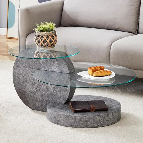 Miniatura 12 de Mesa de café de 35" de vidrio ｜ Mesa de café redonda ｜ Diseño de 3 niveles con superficie de vidrio templado ｜ Base de madera en color negro