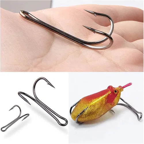 Miniatura 8 de OROOTL Ganchos de pesca dobles, 50 ganchos clásicos de rana de acero de alto carbono, doble gancho de pesca de púas con vástago abierto para agua