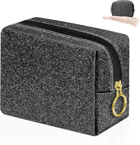 Miniatura 8 de Bolsa de maquillaje pequeña de 5.1 x 5.1 pulgadas para monedero, material flocado, mini bolsa de maquillaje de viaje con dos bolsillos internos