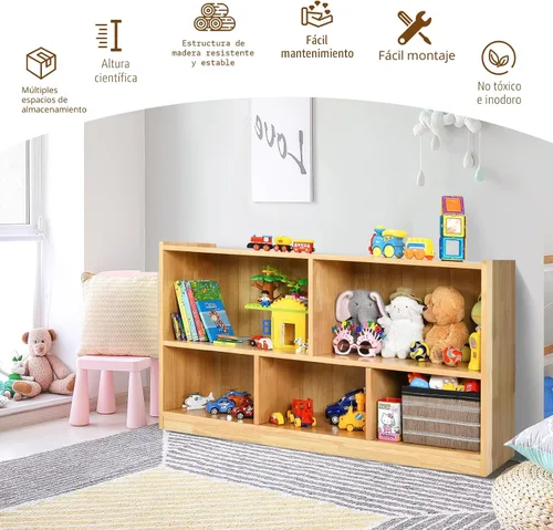 Miniatura 8 de Costzon Estantería de 2 estantes para niños, organizador de almacenamiento de juguetes de madera para libros y juguetes, estantería Montessori de 5