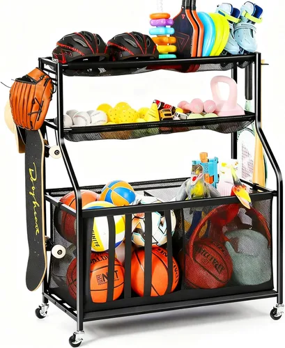 Miniatura 8 de Kinghouse Organizador de equipo deportivo con ruedas, estante de almacenamiento de pelota de garaje para baloncesto, juguetes, para garaje