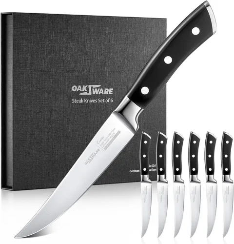 Miniatura 9 de OAKSWARE - Juego de 4 cuchillos para carne, no dentados, con mango ergonómico forjado de espiga completa, acero inoxidable alemán de alto carbono