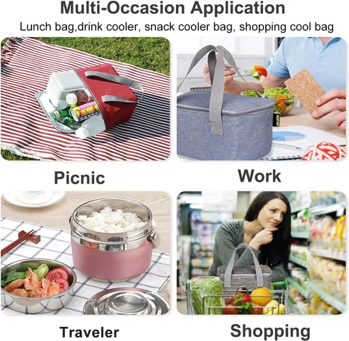 Miniatura 6 de Bolsa de almuerzo de 6 latas/4L para hombres y mujeres, caja de almuerzo cuadrada, pequeña bolsa enfriadora, bolsa térmica aislada suave plegable