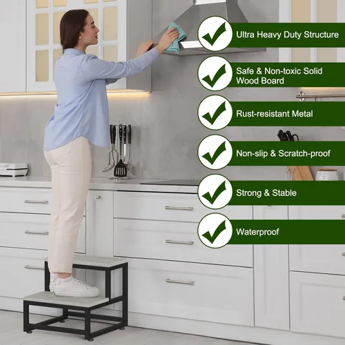 Miniatura 8 de LIANTRAL Taburete de 2 escalones para adultos y niños, taburetes de madera resistentes, taburete de mesita de noche con capacidad de carga de 500