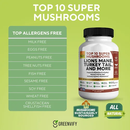 Miniatura 3 de Lions Mane 10 Super Champiñones Suplemento - Melena de León, Reishi, Cordyceps, Extractos de Shiitake - 60 Cápsulas (1)