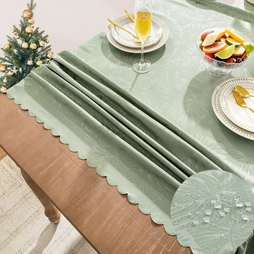 Miniatura 54 de Mantel redondo de tela de 60 pulgadas, mantel con diseño de hojas, borde festoneado, mantel sedoso, impermeable, resistente a las arrugas, lavable