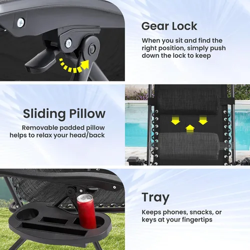 Miniatura 9 de Zero Gravity - Juego de 2 sillas reclinables plegables de gran tamaño, acolchadas antigravedad con almohada ajustable y portavasos para campamento
