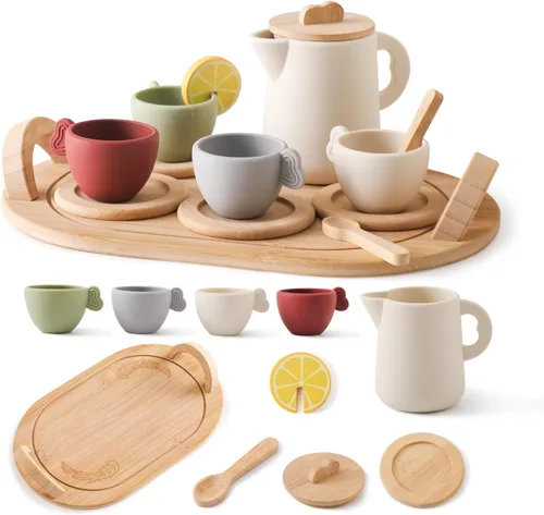 Juego de té de madera Youuys para niños pequeños de 3 a 5 años, juegos de té para niñas pequeñas de 4 a 6 años, 14 piezas de accesorios de cocina de