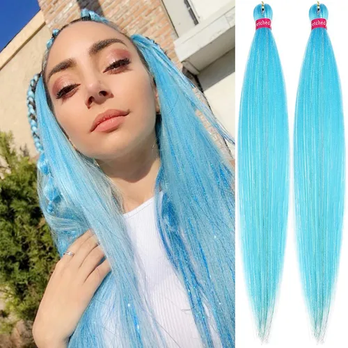Miniatura 34 de Cabello trenzado verde con lentejuelas de 26 pulgadas, preestirado, trenzas de textura Yaki, extensiones de cabello pre plumadas, 3 paquetes, fácil