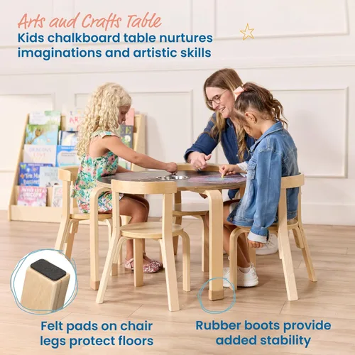 Miniatura 3 de ECR4Kids Juego de mesa redonda de pizarra de madera curvada y silla con respaldo curvo, muebles para niños, natural, 5 piezas