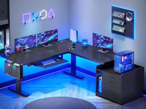 SEDETA Escritorio eléctrico de pie en forma de L con archivador, 63 x 53 pulgadas, escritorio de computadora de oficina en casa ajustable con Negro