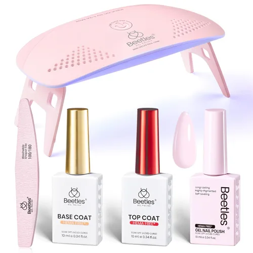 Beetles - Kit de uñas de gel rosa sin HEMA de 0.3 onzas líquidas con luz UV, 5 piezas de esmalte de gel de burbujas rosa claro, kit de manicura