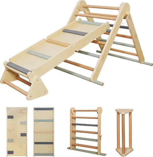 Juego de escalada plegable para niños con escalera, rampa, haz de equilibrio; juguetes de escalada de madera triangular para niños pequeños de 1 a 3