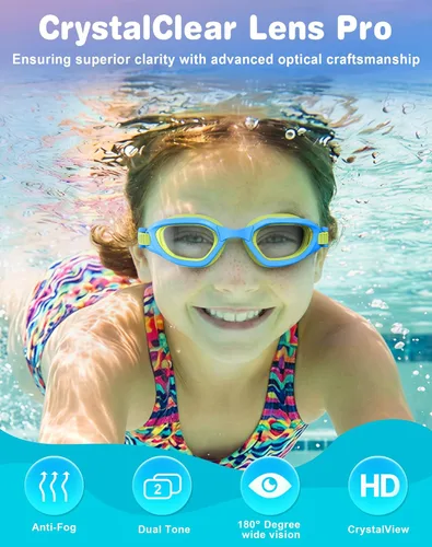 Miniatura 5 de Gafas de natación para niños en doble tono, almohadillas ajustables para la nariz y silicona suave a prueba de fugas (6-14), visión clara, antivaho