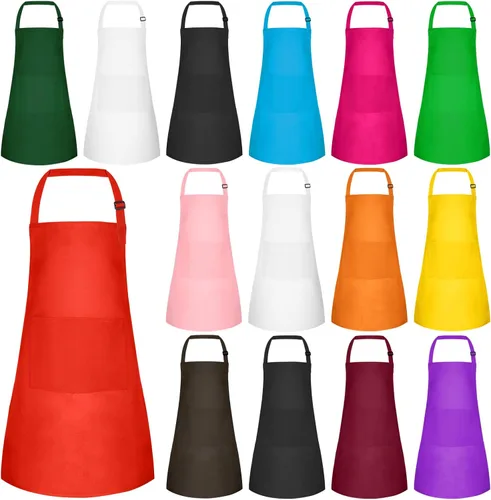 Miniatura 15 de Juego de 15 delantales para niños, delantal ajustable para niños con 2 bolsillos, delantal de chef para niños para pintar, cocinar, hornear, Negro