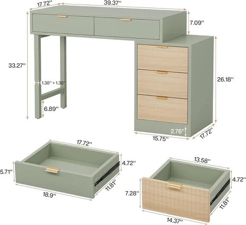 Miniatura 2 de Tribesigns Escritorio para computadora con 5 cajones, escritorio pequeño reversible con almacenamiento, mesa de estudio de madera moderna, estación