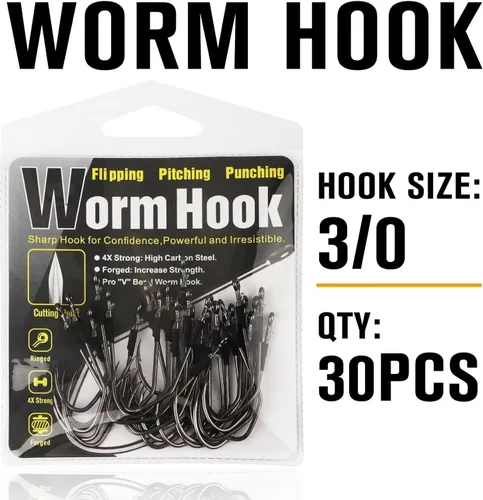 Miniatura 8 de Dovesun Weedless Worm Hooks Wacky Rig Hooks Texas Rig Hooks 30PCS Professional V Bass Fishing Hooks for Freshwater Saltwater 1/0 2/0 3/0