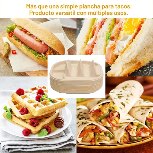 Miniatura 6 de LUVCOSY Paquete de 50 Soportes Desechables para Tacos con Compartimentos para Salsas, Platos Biodegradables de Almidón de Maíz para Tacos