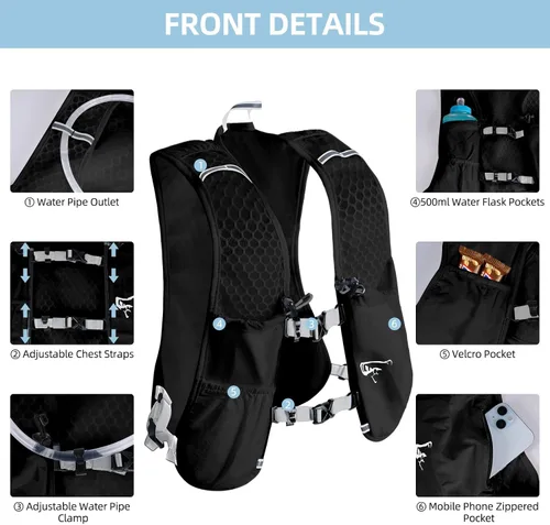 Miniatura 5 de Mochila de hidratación para mujeres y hombres, chaleco ligero para correr con bolsa de agua de 1.5 L, mochila de agua transpirable para senderismo