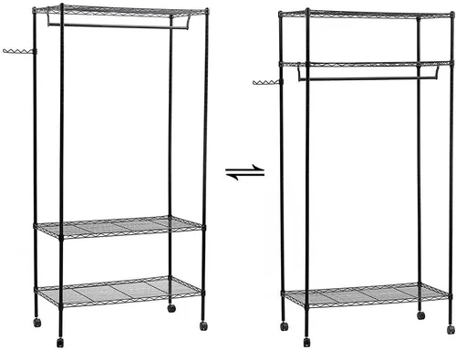 Miniatura 6 de Polyial Weave 3 niveles de gran tamaño ajustable resistente estante de ropa con estantes dobles para ropa y ruedas con bloqueo+1 par de ganchos