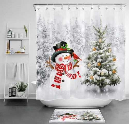 Miniatura 6 de Christmas Snowman Shower Curtain for Bathroom Cardinals and Xmas Tree with Xmas Ball on Snowfield Bathroom Shower Curtains with Hooks, Winter Forest