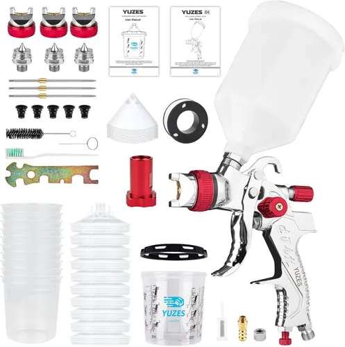 YUZES Pistola de espray HVLP con kit de boquillas de 1.4/1.7/2.0mm, pistola de aire para pintar autos, muebles y bricolaje, 10 copas desechables Rojo