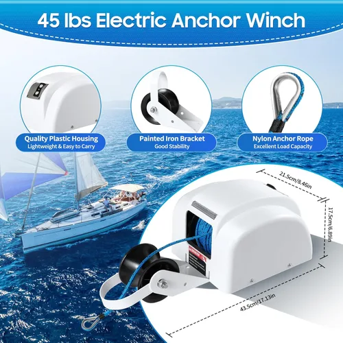Miniatura 2 de Cabrestante de anclaje eléctrico de 12 V con control remoto, ancla de agua salada marina para lancha de pesca, lancha pontón (45 libras/blanco)